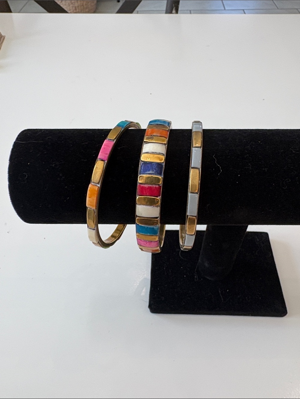 Vintage Brass & Mosaic Inlaid Bone Stackable Bangle Bracelets - Set of 3
